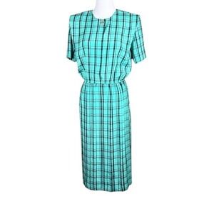 Leslie Fay Petite Vintage Teal Black Plaid Pleated Midi Dress 14P Short Sleeve